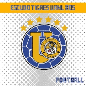 Puede incluir: Un diseño gráfico con el texto "ESCUDO TIGRES UANL 80S" en amarillo y azul. El diseño incluye un emblema circular con un tigre, la letra "U" y las palabras "CLUB DEPORTIVO TIGRES UANL". El fondo es blanco con un patrón repetitivo.