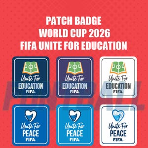 Puede incluir: Seis parches cuadrados con la marca de la Copa Mundial de la FIFA 2026. La fila superior muestra un icono de libro verde con un campo de fútbol y el texto Unite For EDUCATION FIFA. La fila inferior muestra un icono de corazón y el texto Unite For PEACE FIFA.
