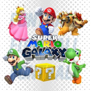 Puede incluir: Gráfico vibrante con personajes de Super Mario Galaxy. Mario con gorra roja y peto azul, la Princesa Peach con vestido rosa, Bowser, Luigi, Yoshi y un bloque de interrogación. El logotipo de Super Mario Galaxy está en el centro.