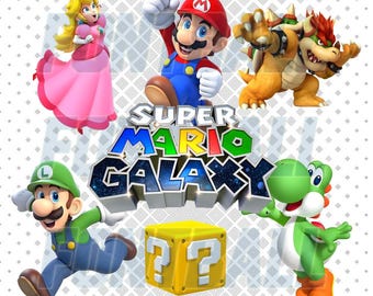 Cyfrowa kolekcja ponad 50 obrazów PNG przedstawiających Super Mario Galaxy i postacie z filmów, gotowych do pobrania.