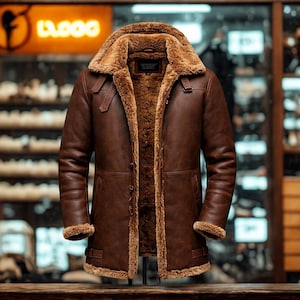 Chaqueta bomber B3 de piel de oveja marrón para hombre / Abrigo de vuelo de piel de oveja de aviador de la RAF