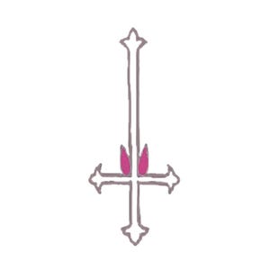 Op de afbeelding: Een gestileerd omgekeerd kruisontwerp met een grijze omtrek en roze accenten. Het kruis heeft een lange verticale lijn met een puntige top en een horizontale lijn met pijlvormige uiteinden. Twee roze druppelvormen bevinden zich in het midden.