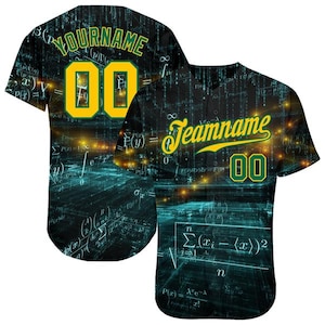 May include: A short-sleeved button-down baseball jersey featuring a dark background with a digital matrix pattern of mathematical formulas and equations. The front displays the text Teamname and the number 00 in yellow with green outlines.