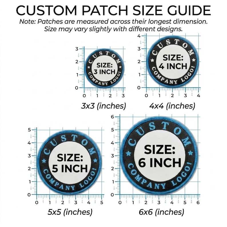May include: A custom patch size guide featuring four circular patches with blue borders and black text reading CUSTOM COMPANY LOGO. The patches are displayed against a grid with measurements in inches, showing sizes of 3x3, 4x4, 5x5, and 6x6 inches.