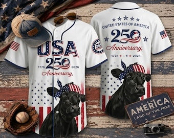 USA 250 Anniversary Black Angus Baseball Jersey 2026 - Patriotic Cattle Farmer 4th of July Shirt, Black Angus 1776–2026 Print Shirt USA Flag