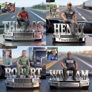 May include: Four custom bobblehead figurines of truck drivers sitting on metallic truck bumper bases. Each base features the driver's name in large silver letters and the text Truck Driver. The figures wear casual clothing and hats.