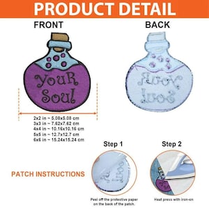May include: An embroidered iron-on patch shaped like a potion bottle with a purple body, light blue neck, and the text 'Your Soul' in black. The image displays front and back views, size options from 5.08x5.08 cm to 15.24x15.24 cm, and application steps.