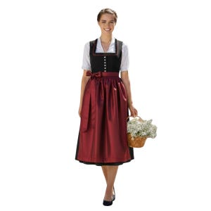 May include: A dirndl dress featuring a black bodice with a square neckline and a row of buttons, paired with a white blouse with short sleeves. The skirt is a deep burgundy red with a matching apron tied in a bow at the waist.