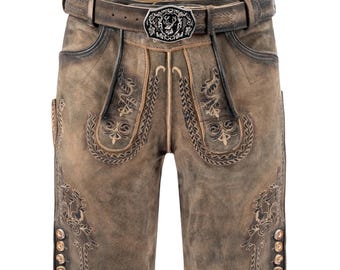Men's Smoky Brown Stag Buckle Braided Belt Leather Lederhosen