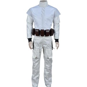 May include: A white costume with a high collar, long sleeves, and a brown belt with pouches. The pants have cargo pockets. The costume has black wrist cuffs. This outfit is suitable for cosplay or themed events.