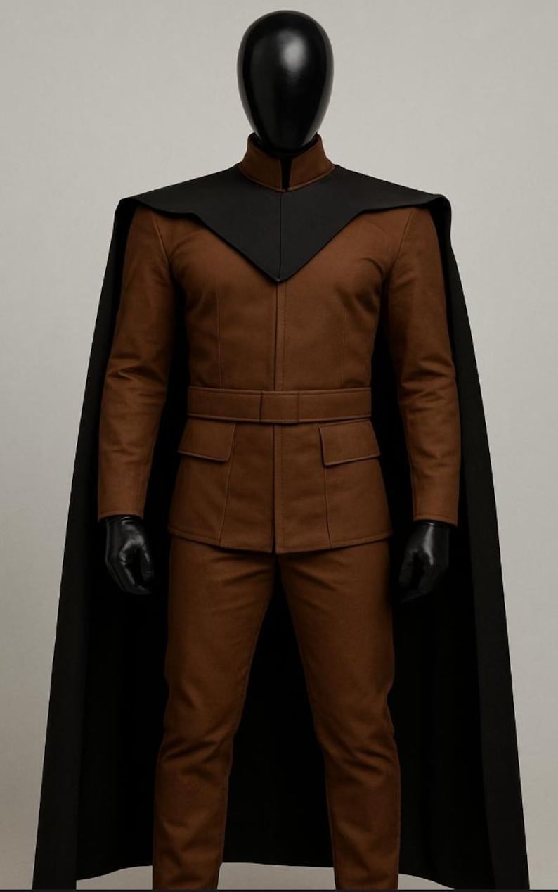 May include: A brown jacket and trousers set featuring a high collar, a matching belt, and two front pockets. A black cape with a V-shaped neckline overlay is worn over the brown jacket. The ensemble includes black gloves and a black head covering.