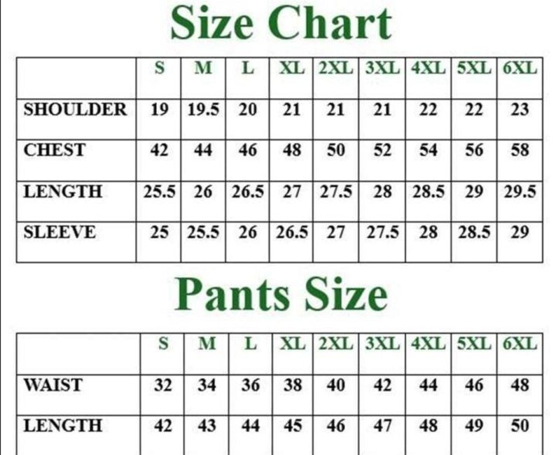 Puede incluir: Una tabla de tallas blanca con texto verde oscuro que presenta dos tablas. La tabla superior enumera las medidas de hombro, pecho, largo y manga para las tallas S a 6XL. La tabla inferior enumera las medidas de cintura y largo para pantalones S a 6XL.