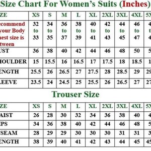May include: A size chart for suits in inches, featuring two tables. The top table lists bust, shoulder, length, and sleeve measurements for sizes XS to 5XL. The bottom table provides waist, hips, inseam, and length measurements for trousers in the same size range.