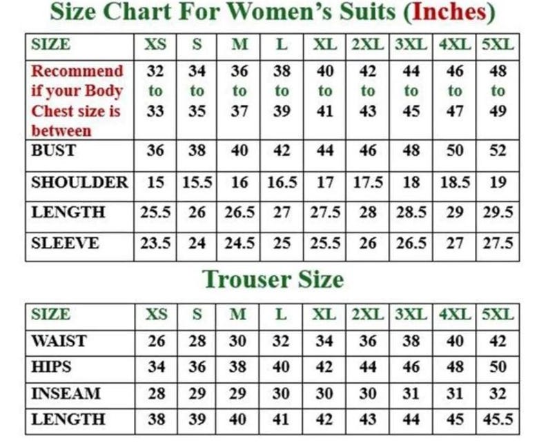 May include: A size chart for suits in inches, featuring two tables. The top table lists bust, shoulder, length, and sleeve measurements for sizes XS to 5XL. The bottom table provides waist, hips, inseam, and length measurements for trousers in the same size range.