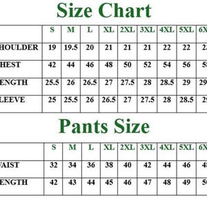 May include: A size chart for clothing featuring two tables with dark green text on a white background. The top table lists shoulder, chest, length, and sleeve measurements for sizes S through 6XL. The bottom table lists waist and length measurements for pants sizes S through 6XL.