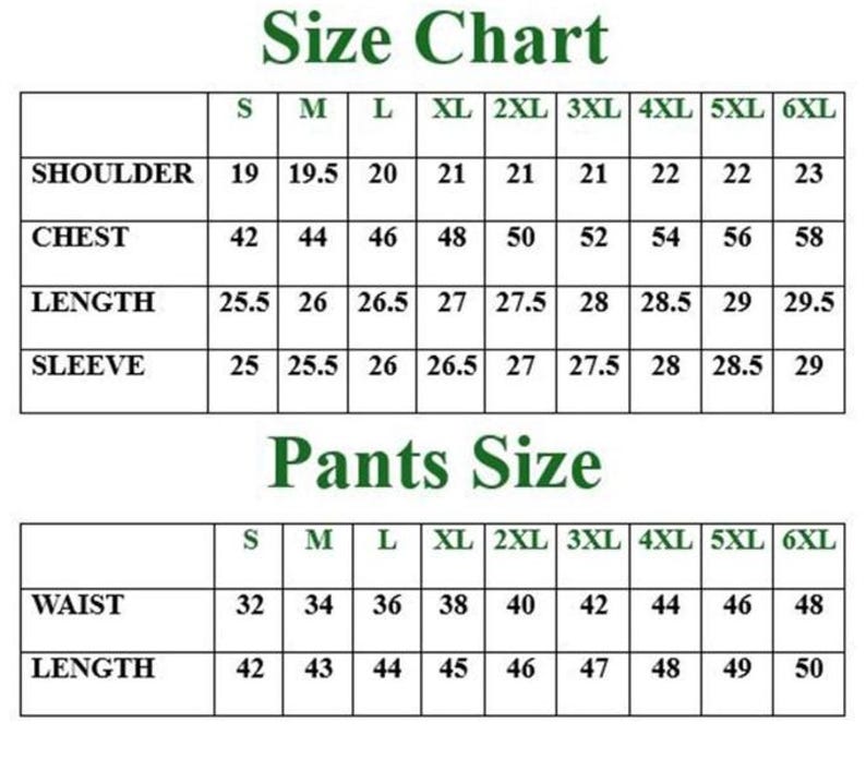 May include: A size chart for clothing featuring two tables with dark green text on a white background. The top table lists shoulder, chest, length, and sleeve measurements for sizes S through 6XL. The bottom table lists waist and length measurements for pants sizes S through 6XL.