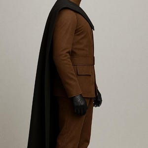 May include: A brown jacket with a high collar, a belted waist, and two front pockets, paired with matching brown trousers. A long black cape is draped over the shoulders. The outfit is displayed on a mannequin with a smooth black head and hands.