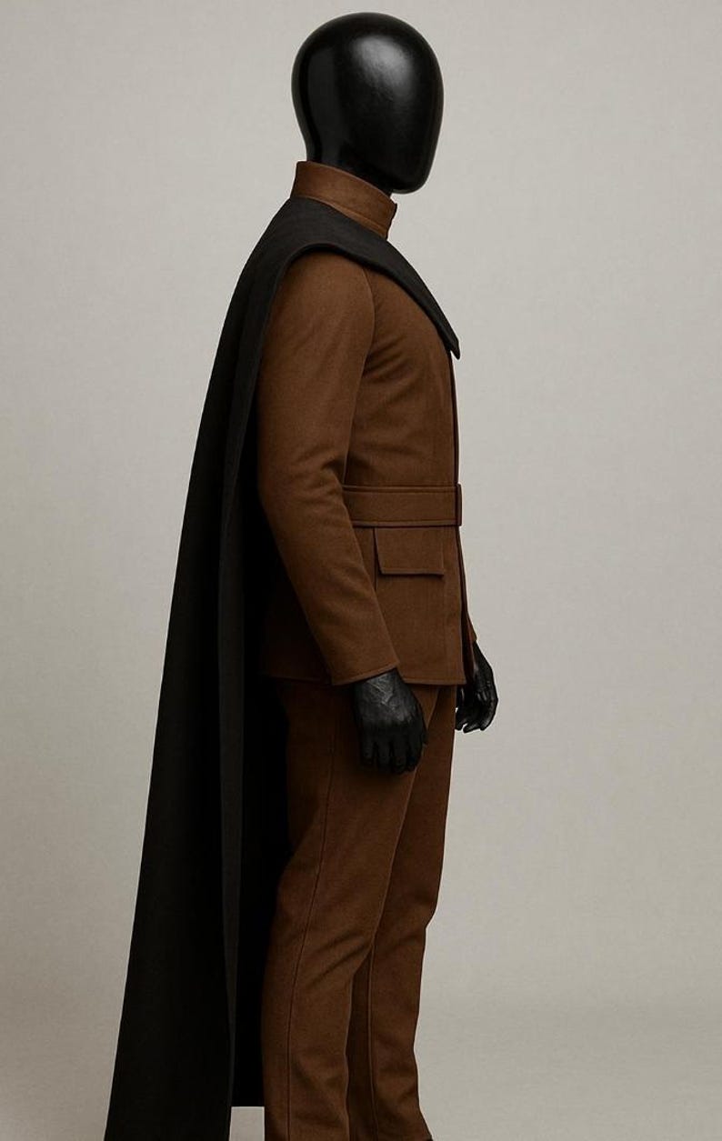 May include: A brown jacket with a high collar, a belted waist, and two front pockets, paired with matching brown trousers. A long black cape is draped over the shoulders. The outfit is displayed on a mannequin with a smooth black head and hands.