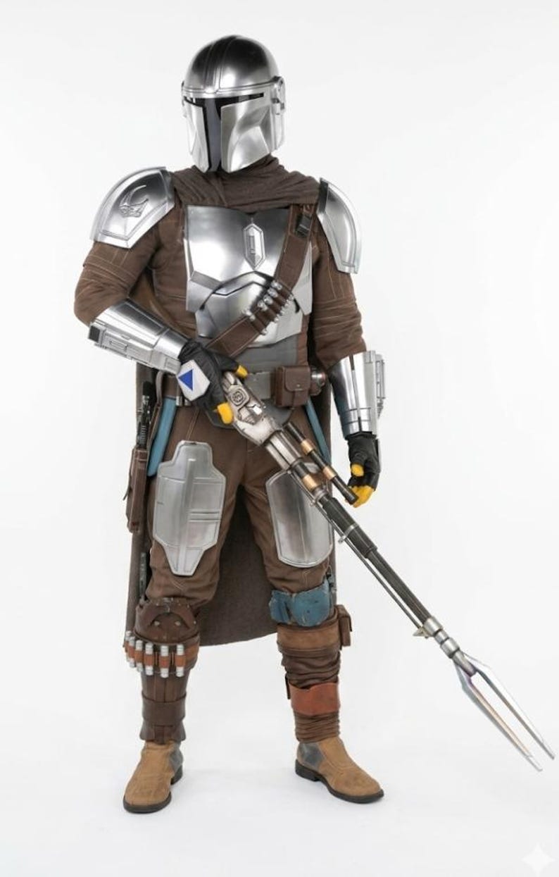 May include: A full-body costume featuring a metallic silver helmet, chest plate, shoulder pauldrons, and gauntlets over a brown textured jumpsuit. The outfit includes a brown cape, utility belt with pouches, leg armor, and a long, two-pronged spear.