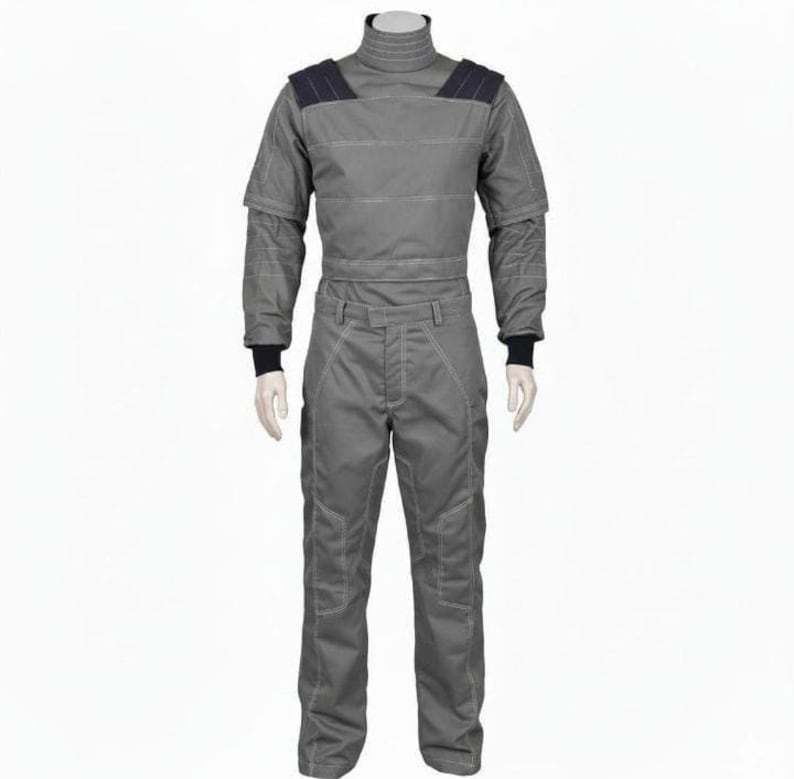 May include: A gray jumpsuit with a high collar and long sleeves. The suit has dark blue shoulder accents and white stitching details. The cuffs and collar are black. The jumpsuit is displayed on a mannequin.