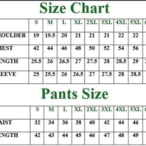 May include: A size chart for clothing, with measurements for shoulders, chest, length, and sleeve, as well as waist and length for pants. Sizes range from S to 6XL, with measurements in inches.