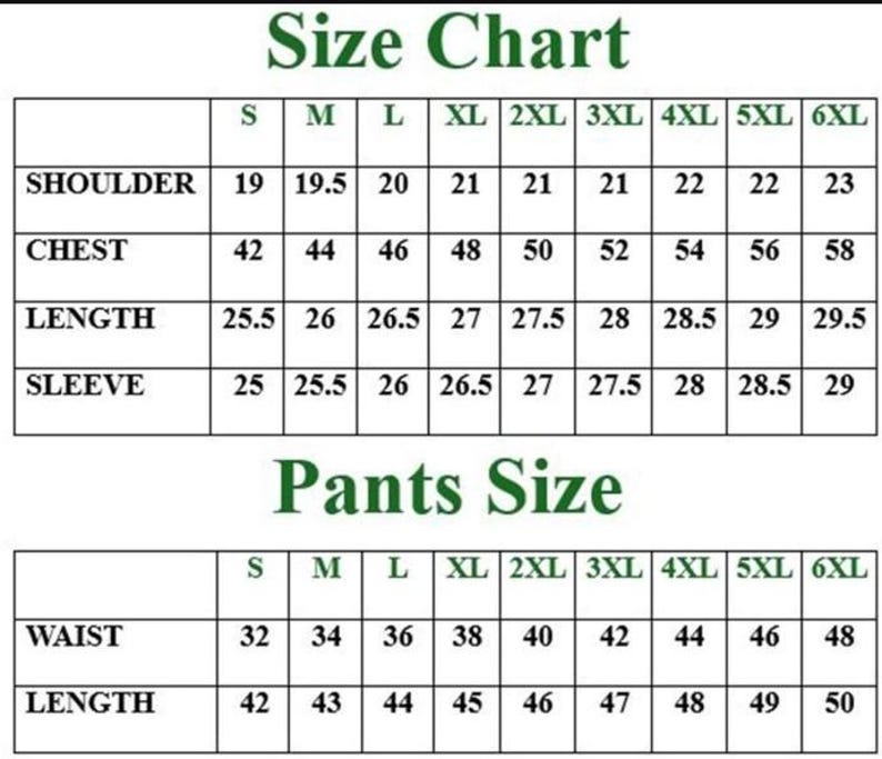 May include: A size chart for clothing, with measurements for shoulders, chest, length, and sleeve, as well as waist and length for pants. Sizes range from S to 6XL, with measurements in inches.