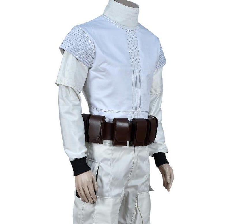May include: White costume with a high collar, short sleeves, and a brown belt with pouches. The outfit has black cuffs and is likely for cosplay or a themed event. The fabric appears to be a smooth, possibly synthetic material.