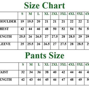 Pode incluir: Uma tabela de tamanhos com cabe&ccedil;alhos de texto em verde escuro rotulados como Size Chart e Pants Size. As tabelas listam medidas em polegadas para tamanhos de S a 6XL, incluindo ombro, peito, comprimento e manga para tops, e cintura e comprimento para cal&ccedil;as.