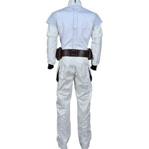 May include: A white jumpsuit with a high collar and long sleeves. The costume features a brown belt with pouches and black accents on the legs and wrists. The outfit is designed for cosplay or costume events.