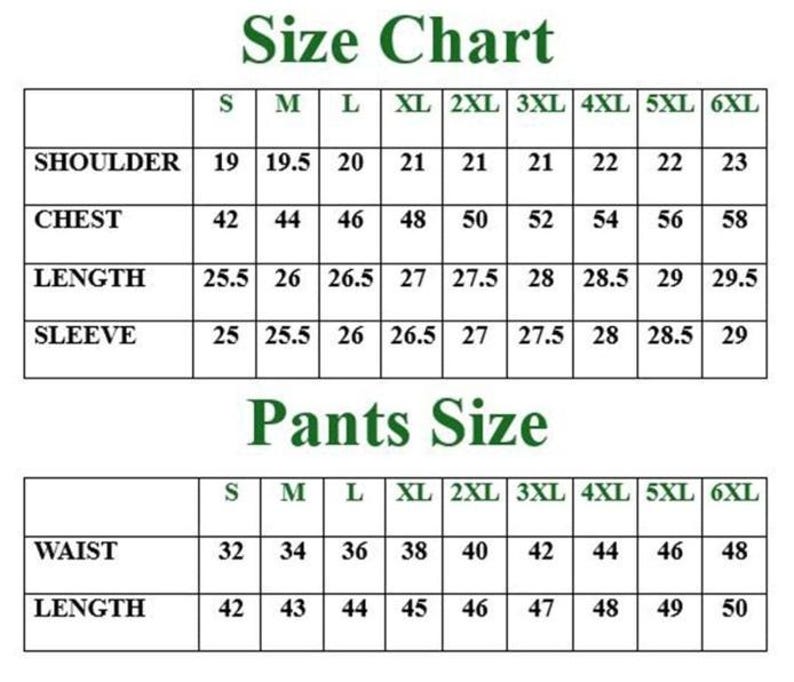 May include: A size chart table with dark green text on a white background. The top section lists measurements for shoulder, chest, length, and sleeve for sizes S through 6XL. The bottom section lists waist and length measurements for pants sizes S through 6XL.
