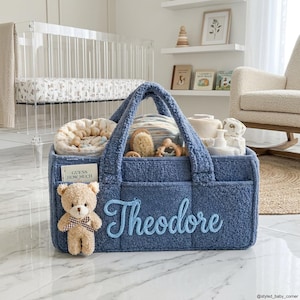May include: A blue sherpa fabric diaper caddy organizer featuring the name Theodore embroidered in light blue script. A small beige plush teddy bear with a brown and white checkered bow is attached to the front, alongside a small book titled Guess How Much.