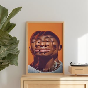 Puede incluir: Impresión artística enmarcada con un retrato en capas sobre un fondo naranja. El sujeto lleva una cadena dorada y una camiseta azul claro. La obra de arte se exhibe en un mueble de madera, junto a un tocadiscos y una gran planta verde.