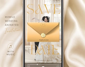 Invito video Save the Date color oro champagne / Modello di invito di matrimonio animato / Invito di matrimonio per dispositivi mobili Canva / Busta digitale RSVP