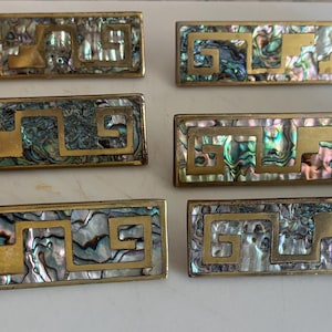 6 mid century brass and abalone handles in the style of Los Castillos or Peñoles