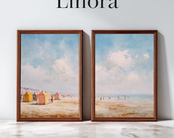 Set of 2 Vintage Beach Prints, Pastel Coastal Wall Art, French Seaside Painting, Summer Gallery Wall Decor | SO2#1