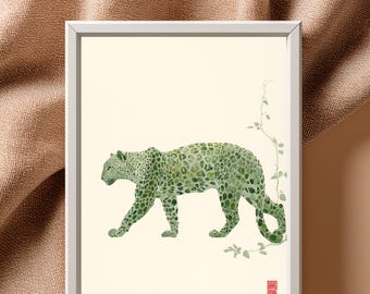 Jade Leopard Sumi-E Ink Art Print, Japanese Zen Minimalist Wall Decor, Wild Animal Nature Painting, Eastern Style Home Decor | B#61