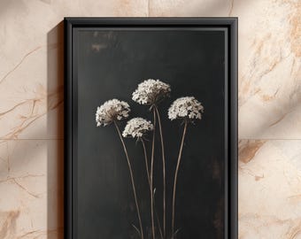 Dark Botanical Still Life Print, Queen Annes Lace Wildflower Art, Moody Dark Cottagecore Floral Wall Decor, Nature Art Print | B#06.1