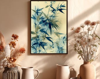 Botanical Bamboo Print, Indigo Blue Wall Art, Japandi Nature Decor, Cyanotype Style Print | B#55.1