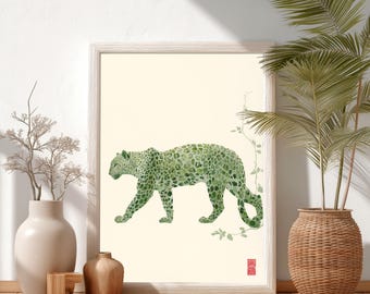 Jade Leopard Sumi-E Ink Art Print, Japanese Zen Minimalist Wall Decor, Wild Animal Nature Painting, Eastern Style Home Decor | B#61
