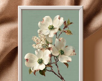 Dogwood Blossom Wall Art Print, Vintage Botanical Floral Decor, Cottagecore Sage Green Nature Art, Antique White Flower Print | B#57.1