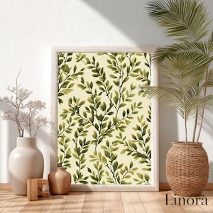 Olive Leaf Branch Wall Art, Linocut Style Botanical Pattern Print, Earthy Tone Nature Decor, Vintage Cottagecore Wall Art | B#28.1