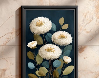 Grandmillennial Botanical Floral Art Print, Navy Blue And Olive Green Southern Coastal Wall Decor, Preppy Southern Home Art | B#22.1