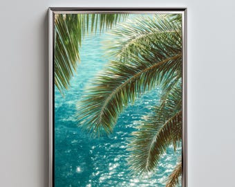 Lush Tropical Palm Fronds Ocean Print, Cool Girl Wall Art, Dopamine Decor Aesthetic Poster, Preppy Coastal Summer Beach Decor | S#2