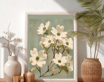 Vintage White Dogwood Flower Print, Botanical Wall Art, French Country Cottagecore Floral Home Decor, Sage Green Art Print | B#57