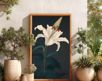 White Lily Japanese Woodblock Art Print, Dark Moody Botanical Wall Decor, Elegant Floral Lily Flower Poster, Nature Gift | B#60