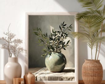Sage Green Still Life Print, Olive Branch Vase Art, Wabi Sabi Botanical Decor, Japandi Kitchen Wall Art, Neutral Nature Print | B#53.1