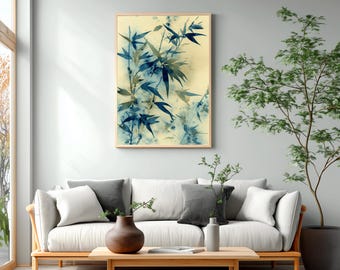 Botanical Bamboo Print, Indigo Blue Wall Art, Japandi Nature Decor, Cyanotype Style Print | B#55.1