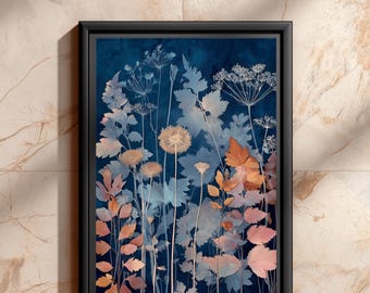 Dark Indigo Pressed Botanical Wall Art, Dried Wildflower And Dandelion Navy Blue Floral Print, Moody Dark Cottagecore Decor | B#32