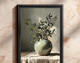 Sage Green Still Life Print, Olive Branch Vase Art, Wabi Sabi Botanical Decor, Japandi Kitchen Wall Art, Neutral Nature Print | B#53.1