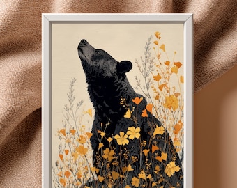 Black Bear Wildflower Art Print, Bear Among Golden Yellow Flowers Boho Wall Decor, Cottagecore Wildlife Nature Poster Print | B#18.1